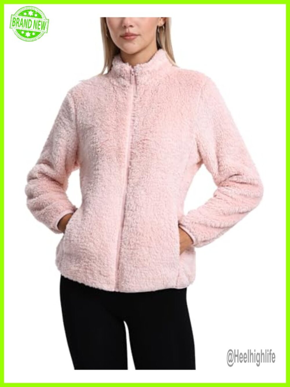 Fuzzy Fleece Jacket Full Zip Sherpa 4 Pockets Stand Collar Women's